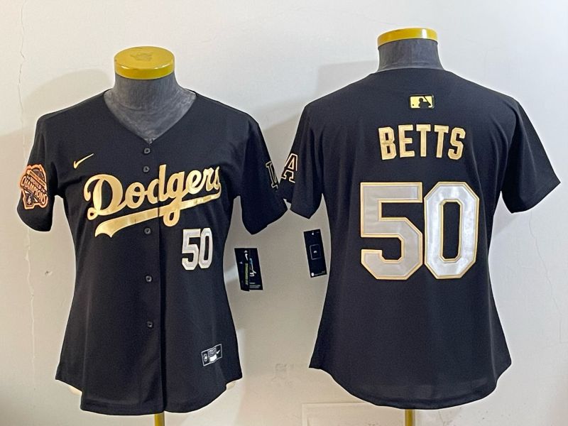 Women Nike 2026 Los Angeles Dodgers #50 Betts Black Gold Game MLB Jersey 064